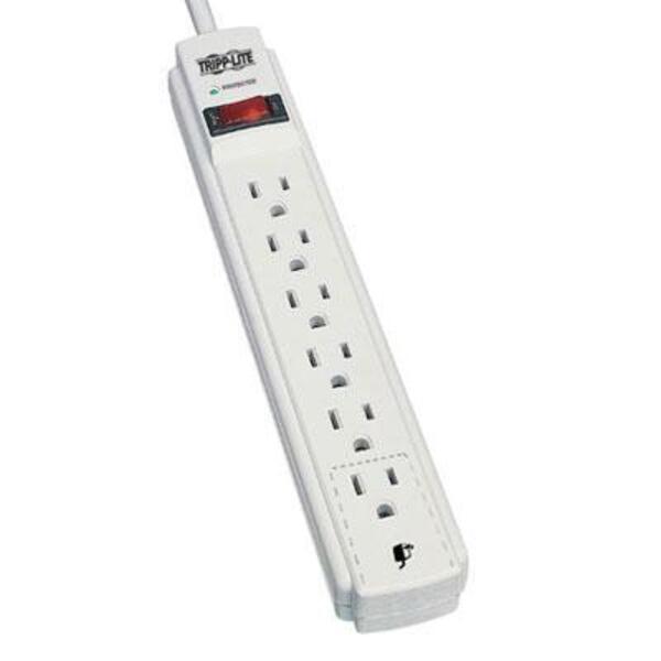 A Tripp Lite Surge Protector Power Strip 120V 6 Outlet 6' Cord 790 Joule with a light on it.