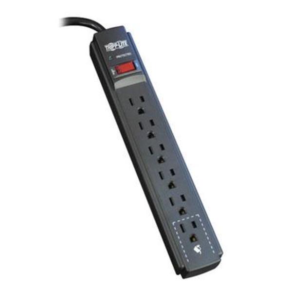 A Tripp Lite Surge Protector Power Strip 120V 6 Outlet 6' Cord 790 Joule Black with two outlets on it.