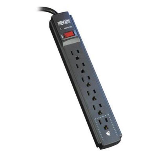 A Tripp Lite Surge Protector Power Strip 6 Outlet 15 ' Cord Black 790 J with two outlets on it.