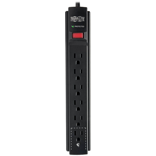 A Tripp Lite Surge Protector Power Strip 6 Outlet 15 ' Cord Black 790 J with two outlets on it.