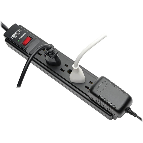 A Tripp Lite Surge Protector Power Strip 6 Outlet 15 ' Cord Black 790 J with two outlets on it.