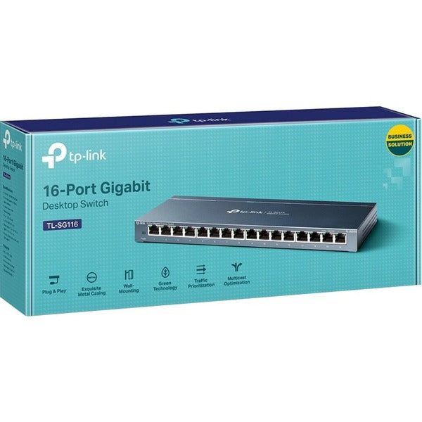 A TP-Link TL-SG116 - 16-Port Gigabit Ethernet Network Switch - Limited Lifetime Protection with 8 ports on a white background.
