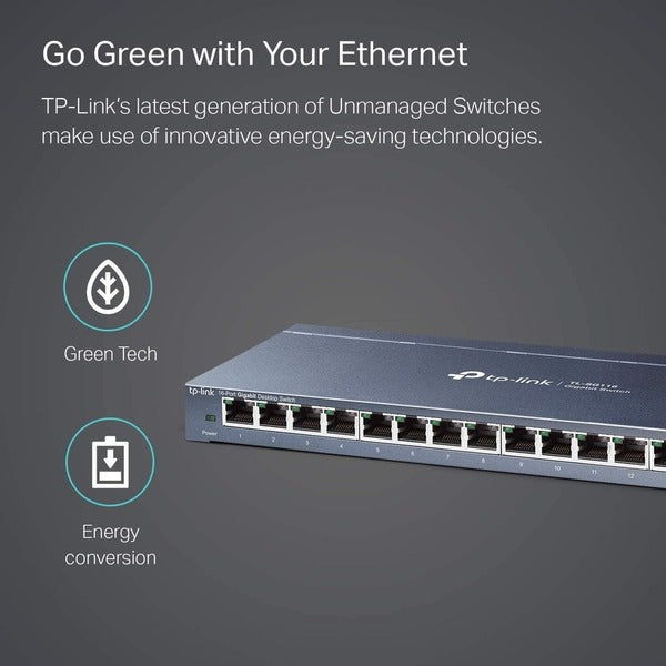 A TP-Link TL-SG116 - 16-Port Gigabit Ethernet Network Switch - Limited Lifetime Protection with 8 ports on a white background.