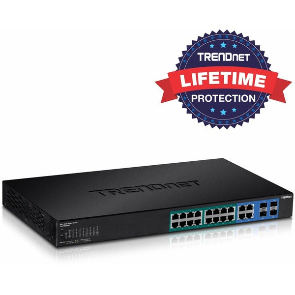 TRENDnet 20-Port Gigabit PoE+ Web Smart PoE+ Switch, 16 x Gigabit PoE+ Ports, 4 x Shared Gigabit Ports, Up To 30W Per Port, 185W Total Power Budget, Rack Mountable, Black, TPE-1620WS