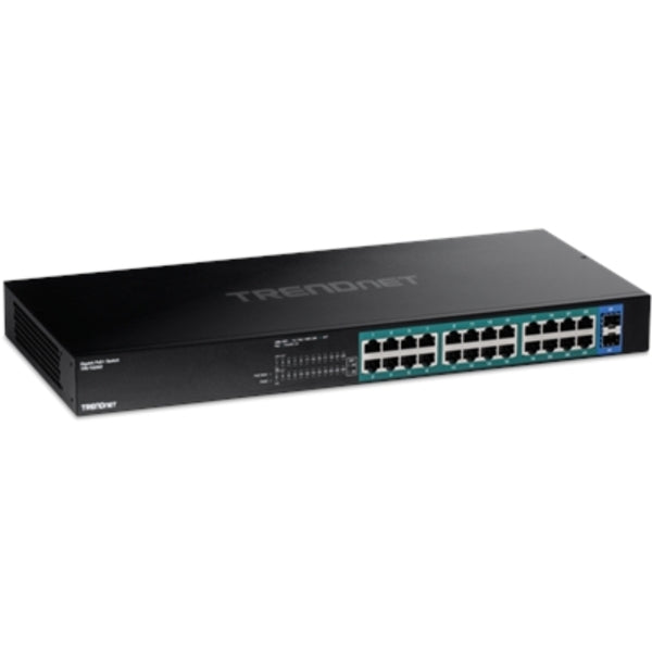 A TRENDnet 26-Port Gigabit PoE+ Switch, 24 x 30W PoE+ Ports, 2 Gigabit SFP Slots, 380W PoE Budget, 52Gbps Switching Capacity, 1U 19" Rack Mountable, Lifetime Protection, Black with ethernet ports and a gigabit ethernet port.