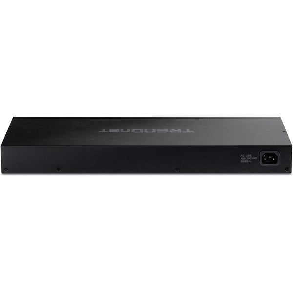 A TRENDnet 26-Port Gigabit PoE+ Switch, 24 x 30W PoE+ Ports, 2 Gigabit SFP Slots, 380W PoE Budget, 52Gbps Switching Capacity, 1U 19" Rack Mountable, Lifetime Protection, Black with ethernet ports and a gigabit ethernet port.
