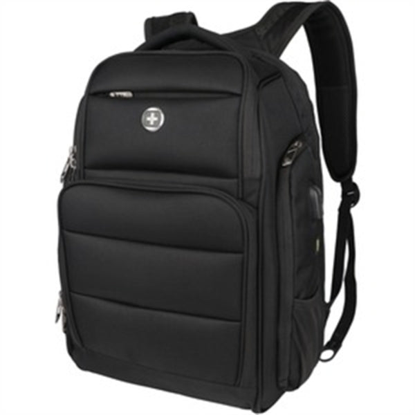 A Swissdigital Design SENSOR TSG4H198-1 Carrying Case (Backpack) for 15.6" to 16" Apple Notebook - Black with a zippered compartment.