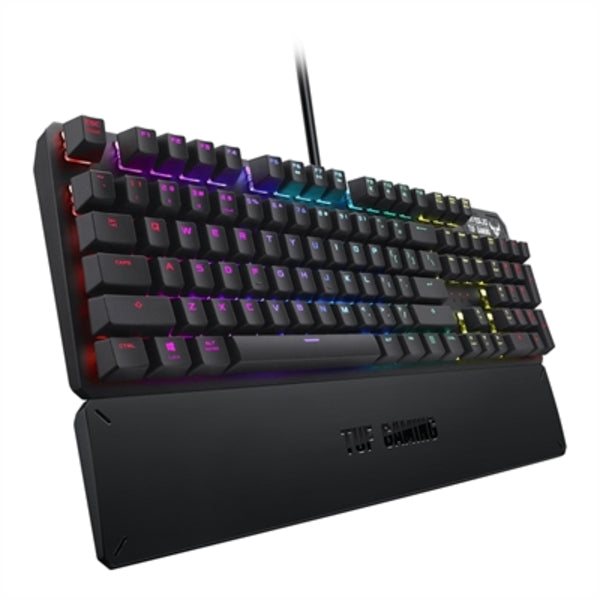 A TUF K3 Gaming Keyboard with colorful keys.