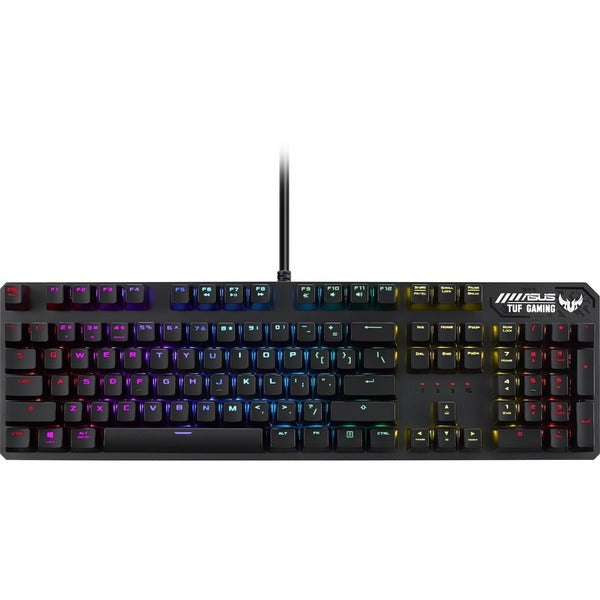 A TUF K3 Gaming Keyboard with colorful keys.