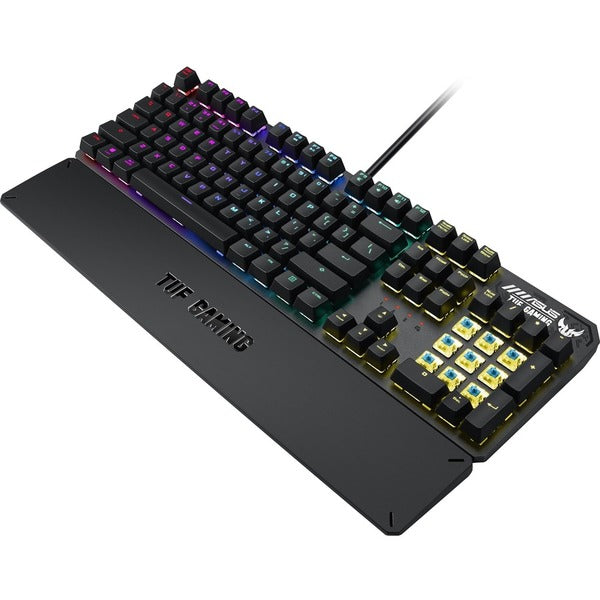 A TUF K3 Gaming Keyboard with colorful keys.