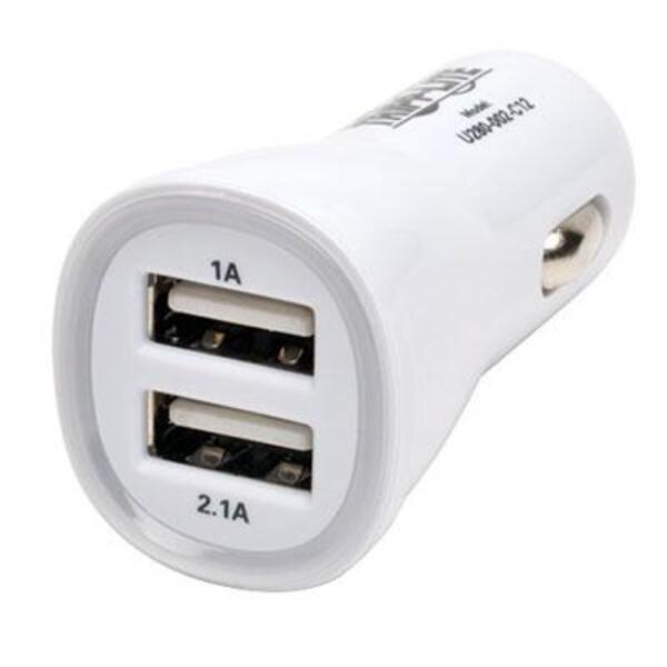 A Tripp Lite Dual USB Tablet Phone Car Charger High Power Adapter 5V / 3.1A 15.5W with two usb ports.