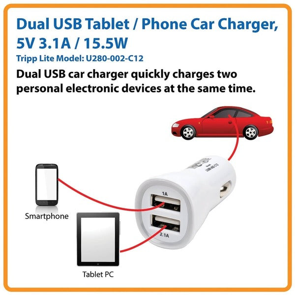 A Tripp Lite Dual USB Tablet Phone Car Charger High Power Adapter 5V / 3.1A 15.5W with two usb ports.