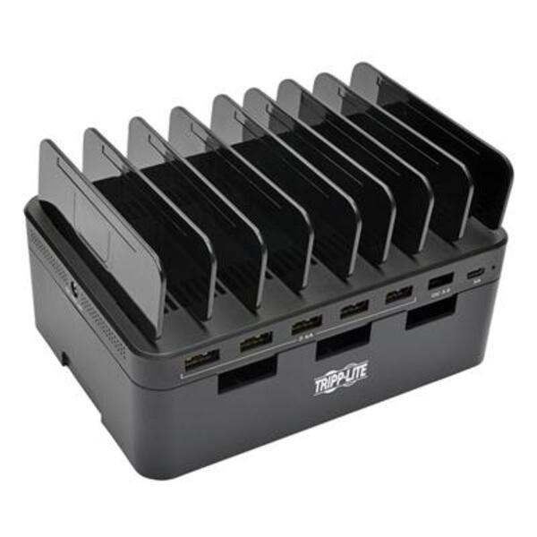 A Tripp Lite 7-Port USB Charging Station Hub Quick Charge 3.0, USB-C, Storage with six ports.