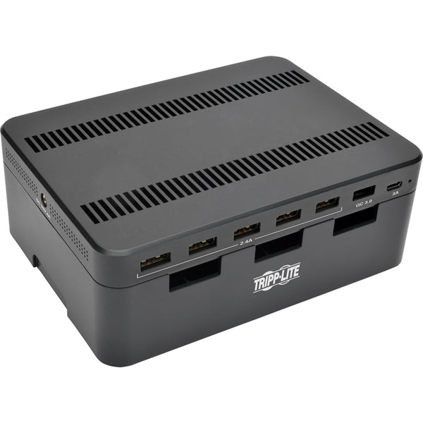 A Tripp Lite 7-Port USB Charging Station Hub Quick Charge 3.0, USB-C, Storage with six ports.
