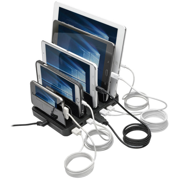 A Tripp Lite 7-Port USB Charging Station Hub Quick Charge 3.0, USB-C, Storage with six ports.