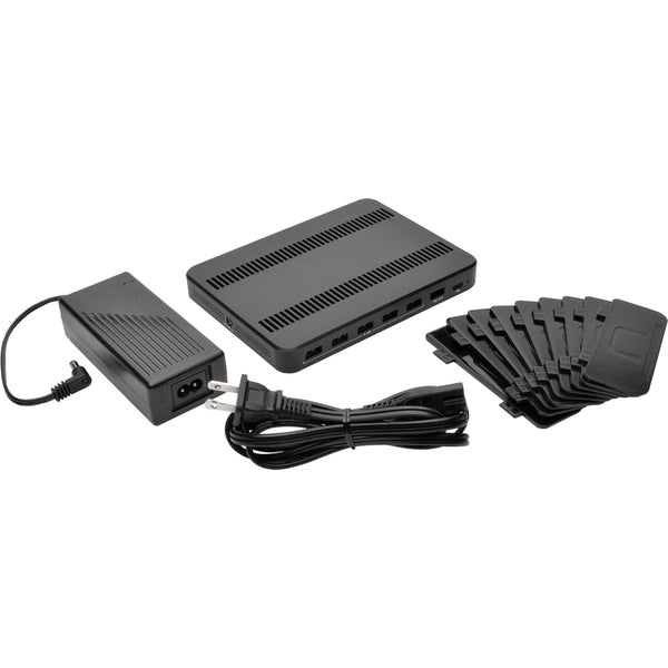 A Tripp Lite 7-Port USB Charging Station Hub Quick Charge 3.0, USB-C, Storage with six ports.