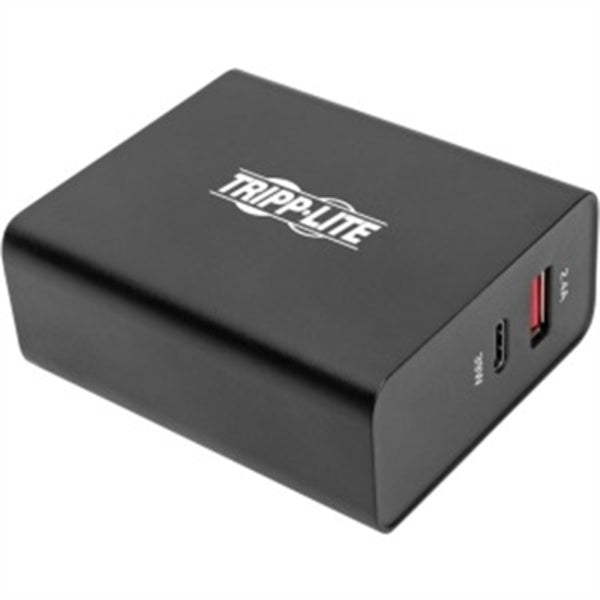 A black Tripp Lite USB Wall Charger Dual Port USB Type C USB C &amp; USB Type A w PD Charging with two usb ports.