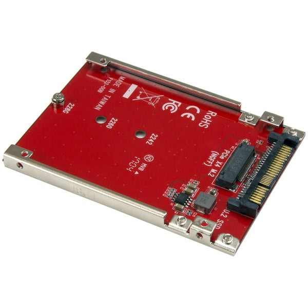 A red StarTech.com M.2 to U.2 Adapter - M.2 Drive to U.2 (SFF-8639) Host Adapter for M.2 PCIe NVMe SSDs - M.2 Drive Adapter - M.2 PCIe SSD Adapter