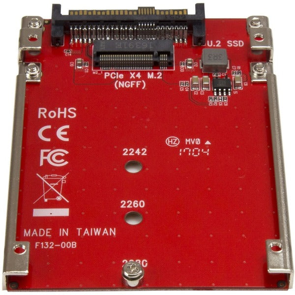 A red StarTech.com M.2 to U.2 Adapter - M.2 Drive to U.2 (SFF-8639) Host Adapter for M.2 PCIe NVMe SSDs - M.2 Drive Adapter - M.2 PCIe SSD Adapter