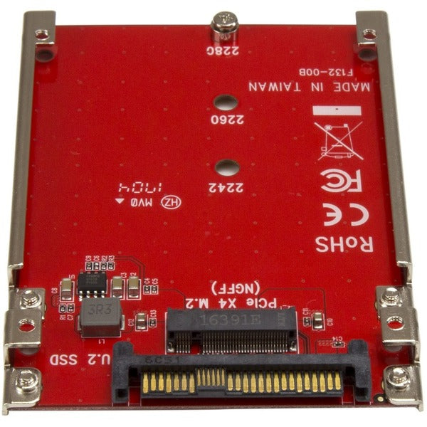 A red StarTech.com M.2 to U.2 Adapter - M.2 Drive to U.2 (SFF-8639) Host Adapter for M.2 PCIe NVMe SSDs - M.2 Drive Adapter - M.2 PCIe SSD Adapter