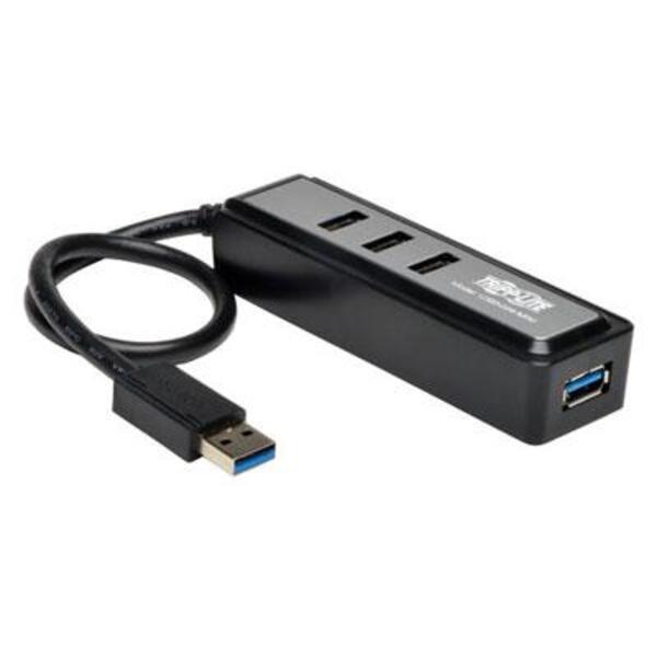 The Tripp Lite Portable 4-Port USB 3.0 Superspeed Mini Hub w/ Built In Cable is connected to a computer.