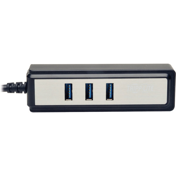 The Tripp Lite Portable 4-Port USB 3.0 Superspeed Mini Hub w/ Built In Cable is connected to a computer.