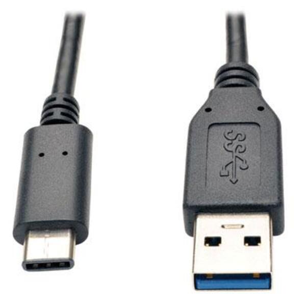 A Tripp Lite 3ft USB 3.1 Gen 1.5 Adapter USB-C to USB Type A M/M 5 Gbps cable connected to a white background.