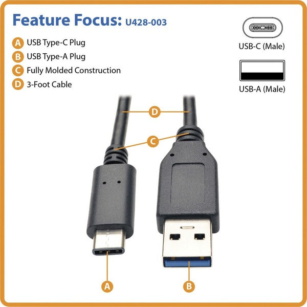 A Tripp Lite 3ft USB 3.1 Gen 1.5 Adapter USB-C to USB Type A M/M 5 Gbps cable connected to a white background.