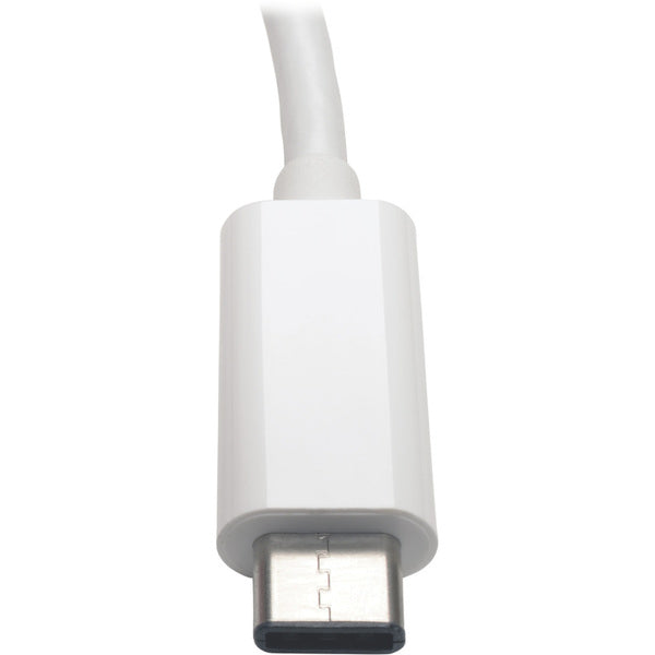 A Tripp Lite USB-C to Gigabit Ethernet NIC Network Adapter 10/100/1000 Mbps White on a white background.