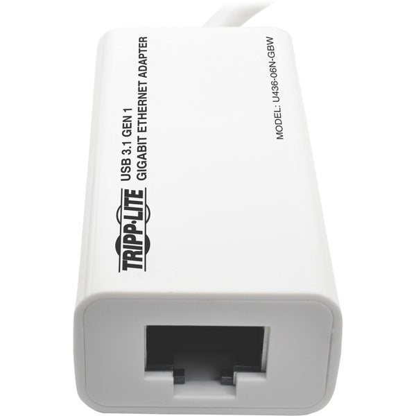 A Tripp Lite USB-C to Gigabit Ethernet NIC Network Adapter 10/100/1000 Mbps White on a white background.
