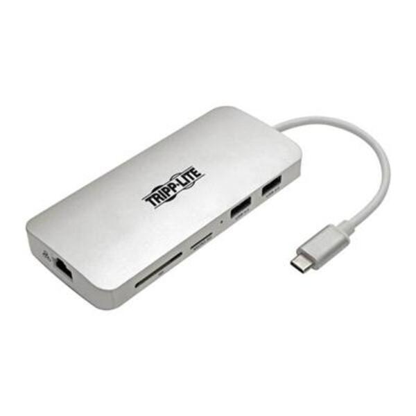A Tripp Lite USB C Docking Station 4k w/ USB Hub HDMI SD/Micro SD Gbe Charging, USB Type C, USB-C, USB Type-C connected to a computer.