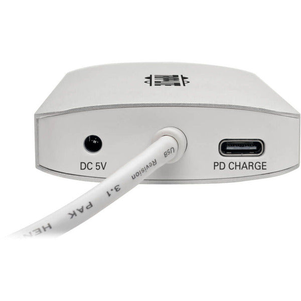 A Tripp Lite USB C Docking Station 4k w/ USB Hub HDMI SD/Micro SD Gbe Charging, USB Type C, USB-C, USB Type-C connected to a computer.