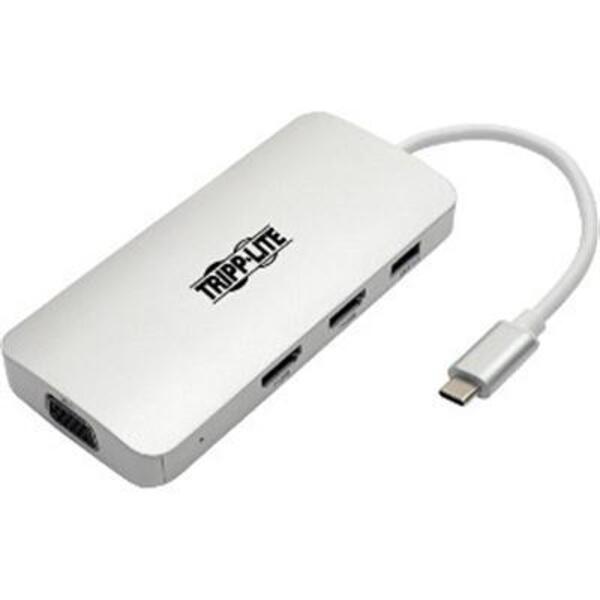 A white Tripp Lite USB C Docking Station w/USB Hub, 2x HDMI, VGA, PD Charging 1080p, USB Type C, USB-C, USB Type-C with a usb port.