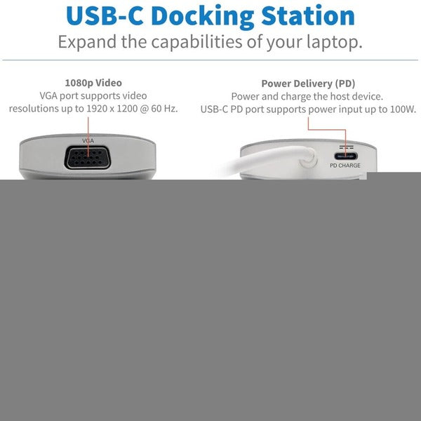 A white Tripp Lite USB C Docking Station w/USB Hub, 2x HDMI, VGA, PD Charging 1080p, USB Type C, USB-C, USB Type-C with a usb port.