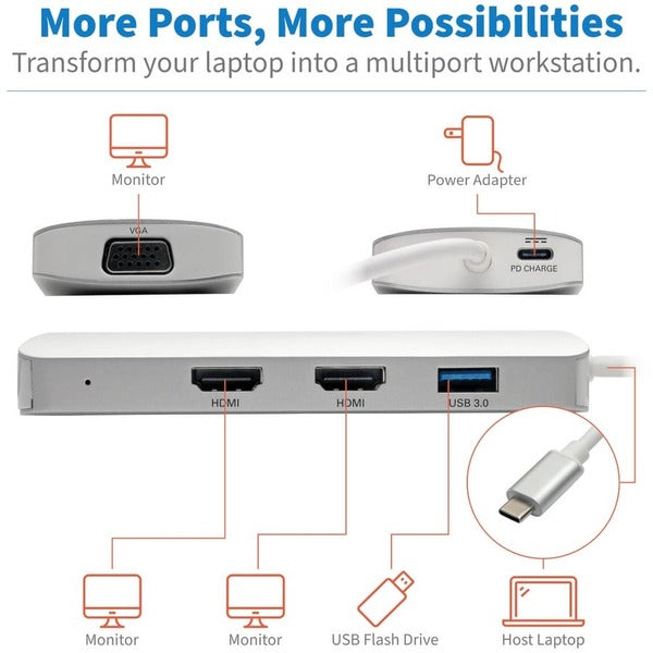 A white Tripp Lite USB C Docking Station w/USB Hub, 2x HDMI, VGA, PD Charging 1080p, USB Type C, USB-C, USB Type-C with a usb port.