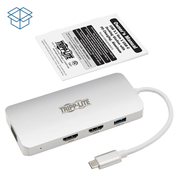 A white Tripp Lite USB C Docking Station w/USB Hub, 2x HDMI, VGA, PD Charging 1080p, USB Type C, USB-C, USB Type-C with a usb port.