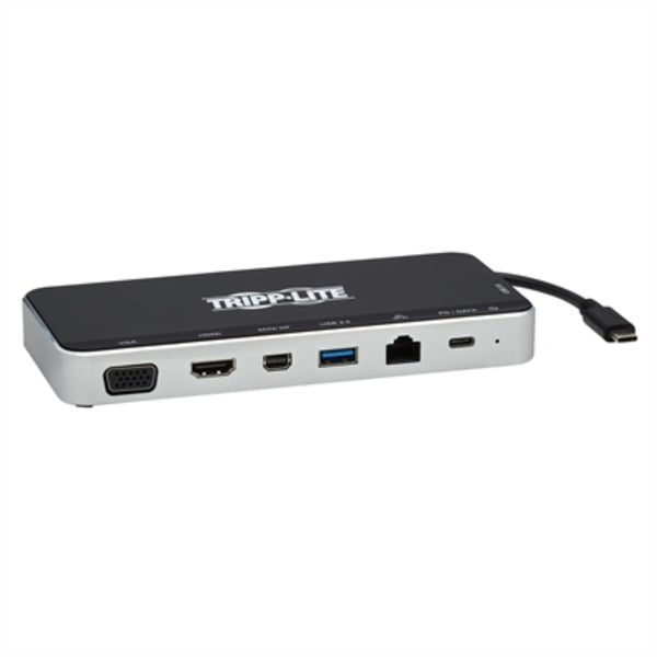 A Tripp Lite USB C Docking Station Hub Triple Display 4K HDMI VGA USB A/C Gbe with a usb port and a usb port.