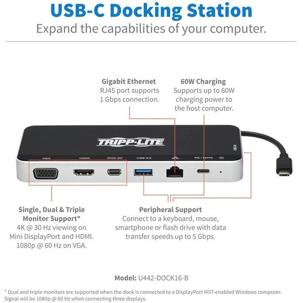 A Tripp Lite USB C Docking Station Hub Triple Display 4K HDMI VGA USB A/C Gbe with a usb port and a usb port.