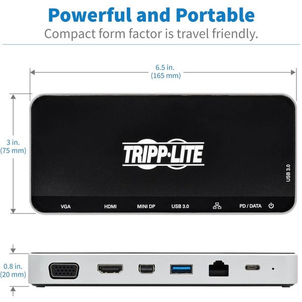 A Tripp Lite USB C Docking Station Hub Triple Display 4K HDMI VGA USB A/C Gbe with a usb port and a usb port.