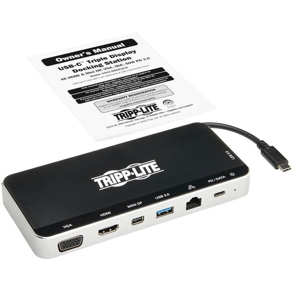 A Tripp Lite USB C Docking Station Hub Triple Display 4K HDMI VGA USB A/C Gbe with a usb port and a usb port.