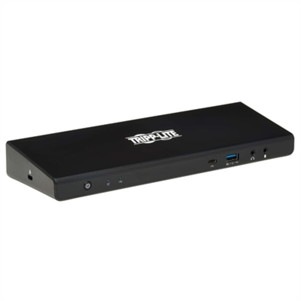 A black Tripp Lite USB C Dock Dual Display 5K 60Hz HDMI USB 3.2 Gen 1 USB-A/C Hub with two usb ports.