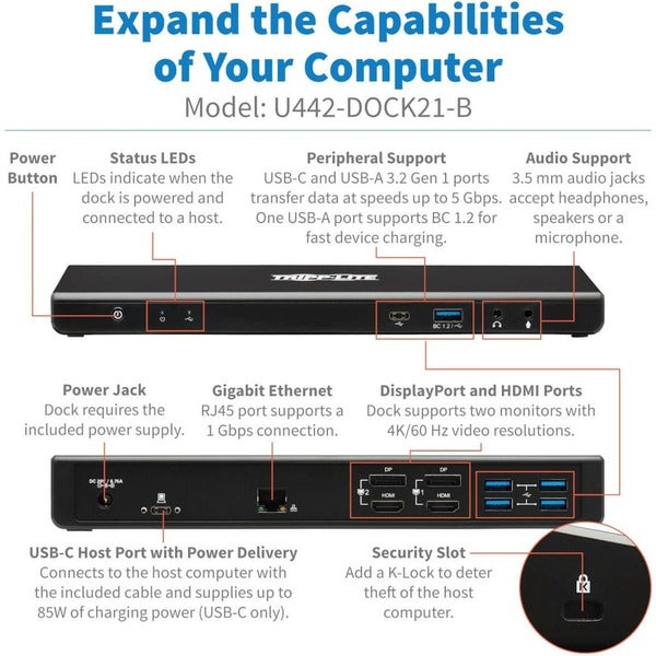 A black Tripp Lite USB C Dock Dual Display 5K 60Hz HDMI USB 3.2 Gen 1 USB-A/C Hub with two usb ports.