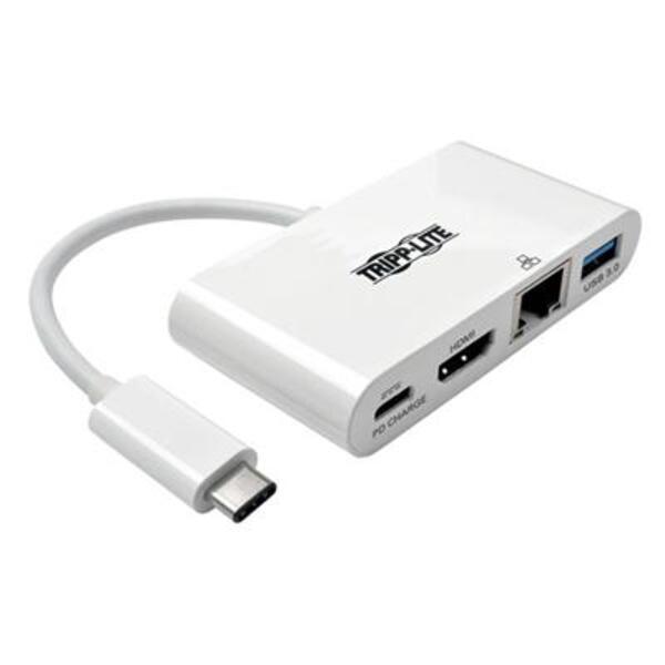 A white Tripp Lite USB C to HDMI Multiport Video Adapter Converter w/ USB-A Hub, USB-C PD Charging, Gigabit Ethernet Port, Thunderbolt 3 Compatible, USB Type C to HDMI, USB Type-C.
