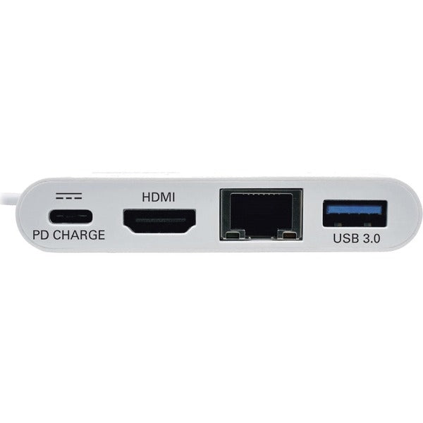 A white Tripp Lite USB C to HDMI Multiport Video Adapter Converter w/ USB-A Hub, USB-C PD Charging, Gigabit Ethernet Port, Thunderbolt 3 Compatible, USB Type C to HDMI, USB Type-C.