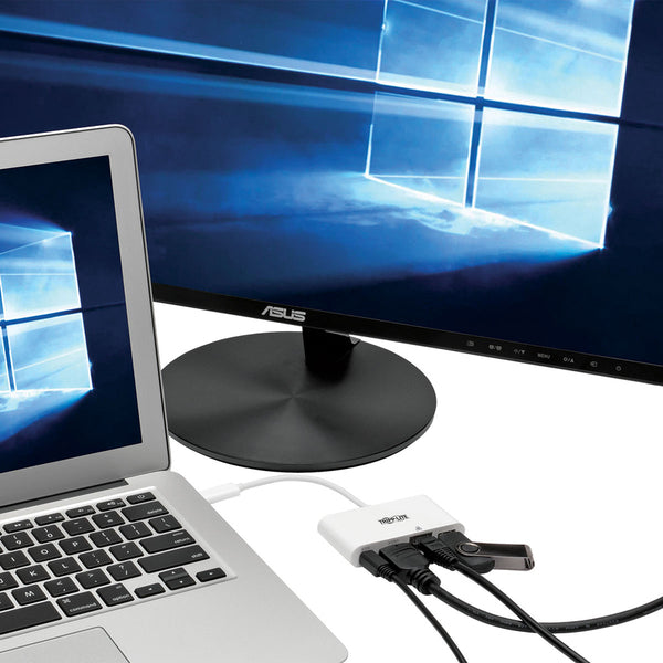 A white Tripp Lite USB C to HDMI Multiport Video Adapter Converter w/ USB-A Hub, USB-C PD Charging, Gigabit Ethernet Port, Thunderbolt 3 Compatible, USB Type C to HDMI, USB Type-C.