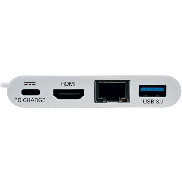 A white Tripp Lite USB C to HDMI Multiport Video Adapter Converter w/ USB-A Hub, USB-C PD Charging, Gigabit Ethernet Port, Thunderbolt 3 Compatible, USB Type C to HDMI, USB Type-C.