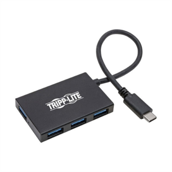 A black Tripp Lite USB C Hub 4-Port USB-A Compact USB 3.1 Gen 1 Portable Aluminum with two usb ports.