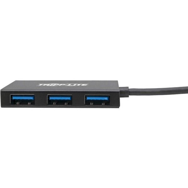 A black Tripp Lite USB C Hub 4-Port USB-A Compact USB 3.1 Gen 1 Portable Aluminum with two usb ports.