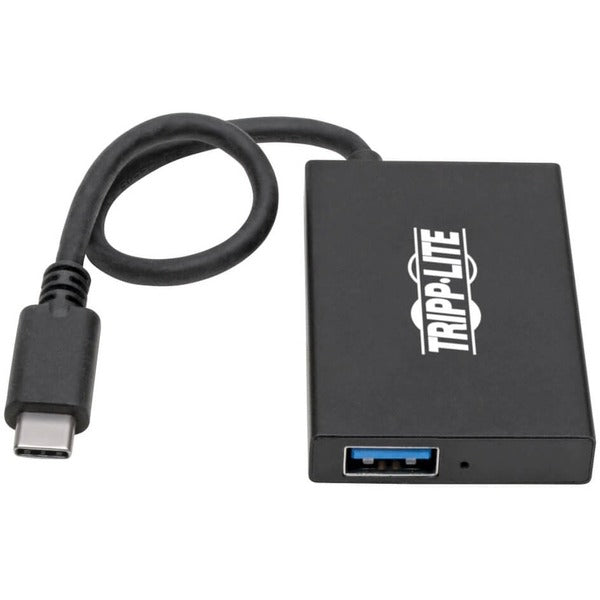A black Tripp Lite USB C Hub 4-Port USB-A Compact USB 3.1 Gen 1 Portable Aluminum with two usb ports.