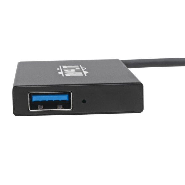 A black Tripp Lite USB C Hub 4-Port USB-A Compact USB 3.1 Gen 1 Portable Aluminum with two usb ports.